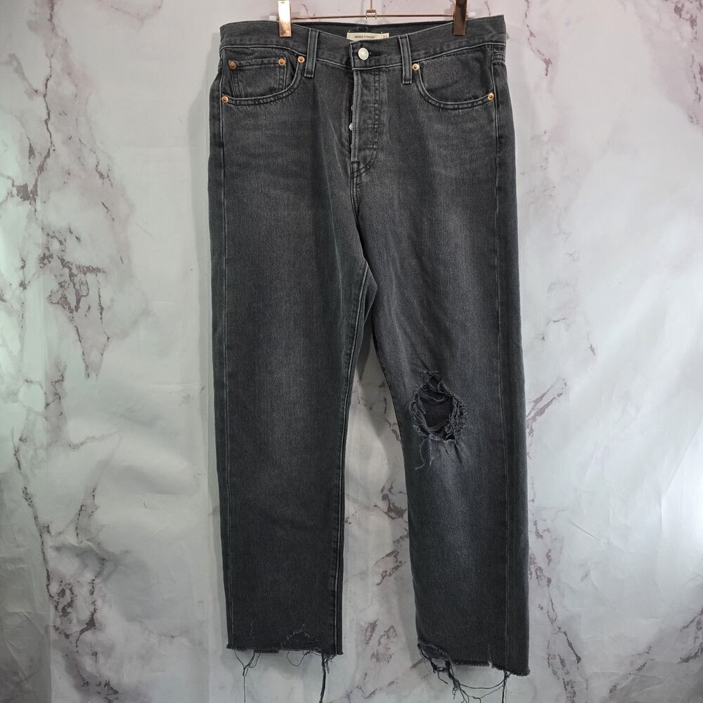 Levis Jeans Womens 31 Wedgie Straight Gray Black Denim Rigid Button Fly Frayed - Picture 5 of 13